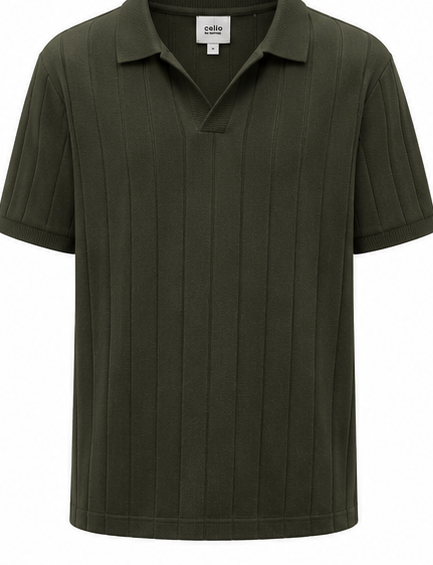 Dark Olive Ribbed Open-Collar Polo - product detail