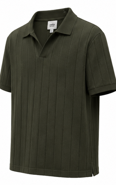 Dark Olive Ribbed Open-Collar Polo - product detail