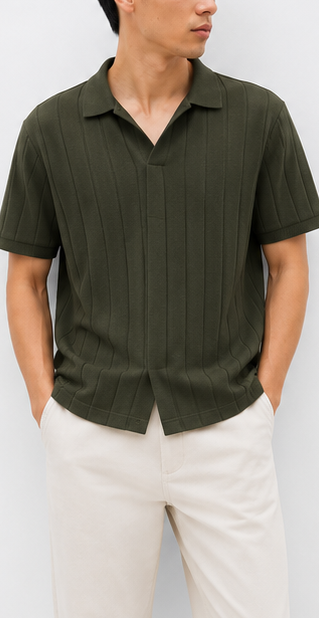 Dark Olive Ribbed Open-Collar Polo - model view