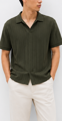 Dark Olive Ribbed Open-Collar Polo - model view