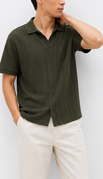 Dark Olive Ribbed Open-Collar Polo - model view