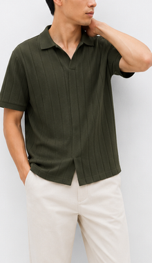 Dark Olive Ribbed Open-Collar Polo - model view