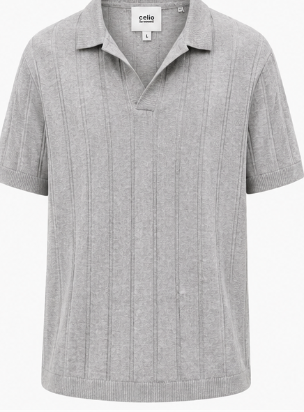 Celio Grey Ribbed Open-Collar Polo - product detail