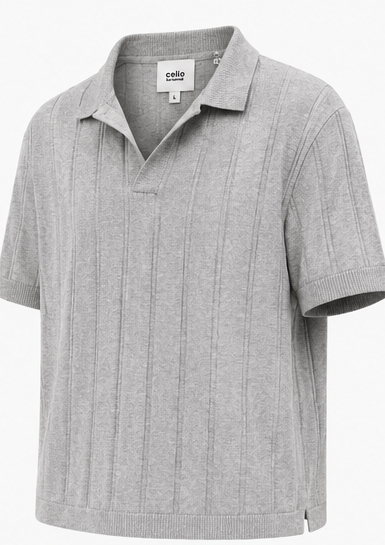 Celio Grey Ribbed Open-Collar Polo - product detail