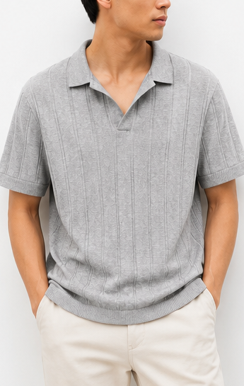 Celio Grey Ribbed Open-Collar Polo - model view