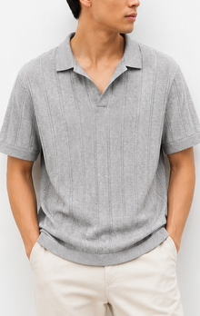 Celio Grey Ribbed Open-Collar Polo - model view