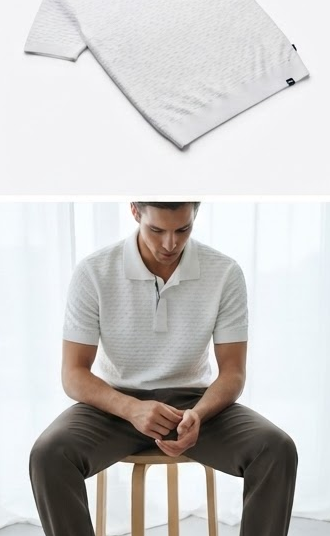 White Textured Polo Shirt - model view