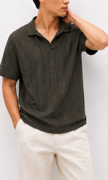 Dark Olive Ribbed Polo Shirt - model view
