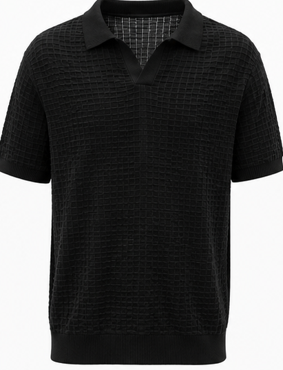 Black Textured Open-Collar Knit Polo - product detail