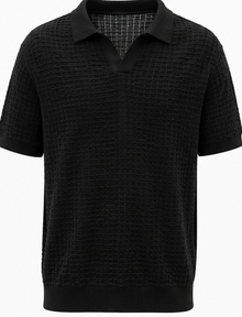 Black Textured Open-Collar Knit Polo - product detail