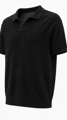 Black Textured Open-Collar Knit Polo - product detail