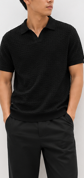 Black Textured Open-Collar Knit Polo - model view