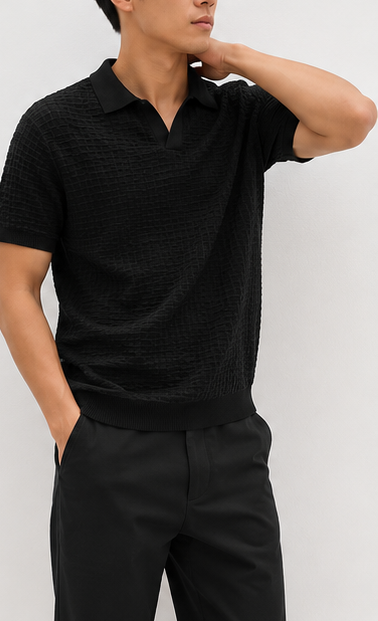 Black Textured Open-Collar Knit Polo - model view