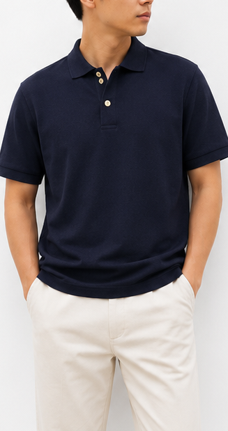Navy Polo Shirt with Gold Buttons - model view