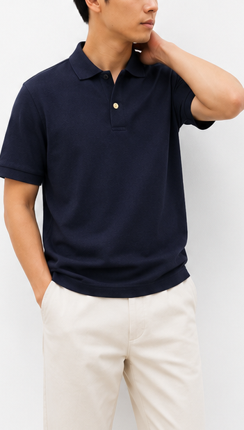 Navy Polo Shirt with Gold Buttons - model view