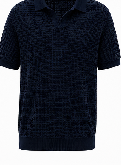 ZARA Navy Textured Open-Collar Polo - product detail