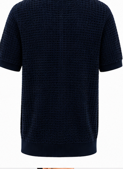 ZARA Navy Textured Open-Collar Polo - product detail