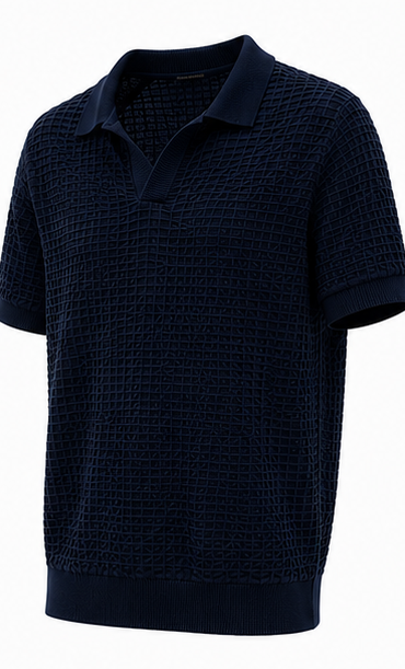 ZARA Navy Textured Open-Collar Polo - product detail