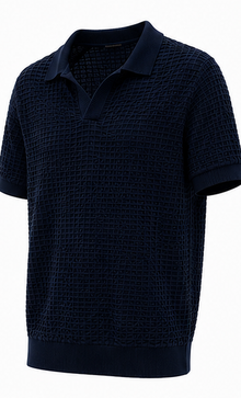 ZARA Navy Textured Open-Collar Polo - product detail