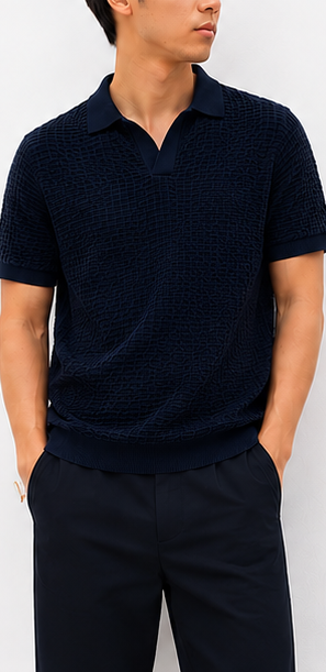 ZARA Navy Textured Open-Collar Polo - model view