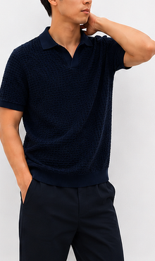 ZARA Navy Textured Open-Collar Polo - model view