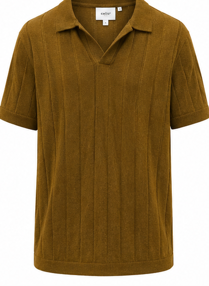 Celio Mustard Ribbed Open-Collar Polo - product detail