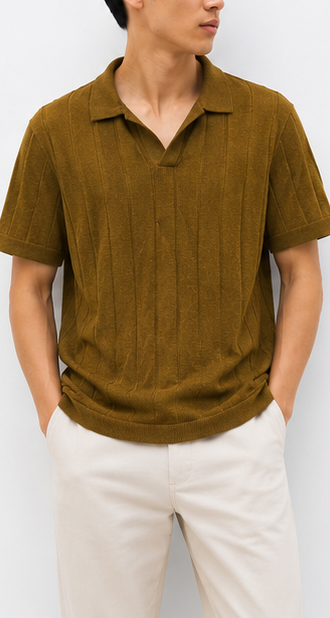 Celio Mustard Ribbed Open-Collar Polo - model view