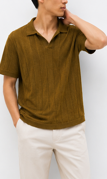 Celio Mustard Ribbed Open-Collar Polo - model view