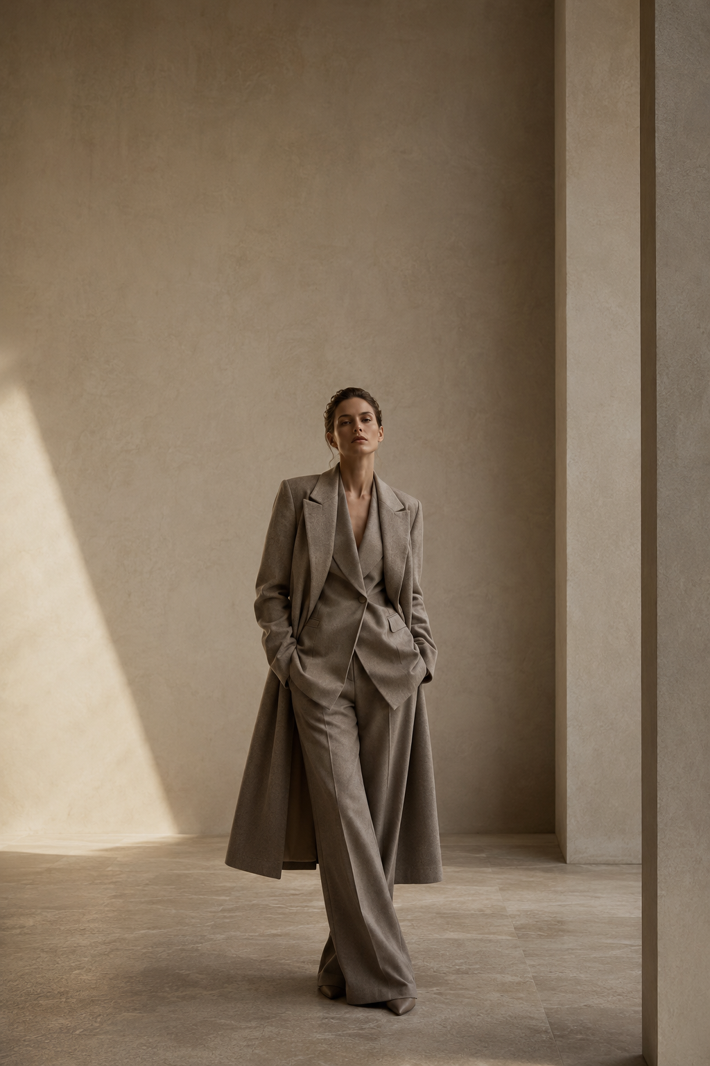 Woman wearing a taupe tailored autumn winter look