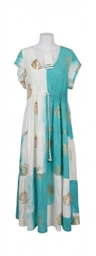 Hobz 1703 Leaf Print Maxi Dress – Turquoise & White