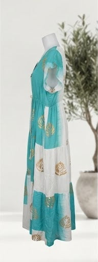 Hobz 1703 Leaf Print Maxi Dress – Turquoise & White