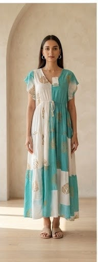 Hobz 1703 Leaf Print Maxi Dress – Turquoise & White