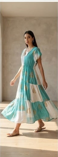 Hobz 1703 Leaf Print Maxi Dress – Turquoise & White