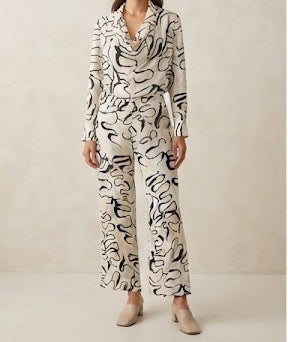 Hobz 1735 Abstract Print Draped Jumpsuit – Ivory & Black