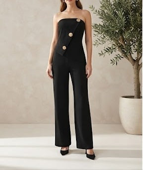Hobz 5345 Strapless Button Detail Wide Leg Jumpsuit – Black