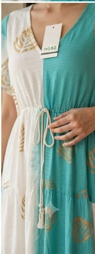 Hobz 1703 Leaf Print Maxi Dress – Turquoise & White