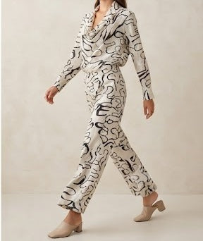 Hobz 1735 Abstract Print Draped Jumpsuit – Ivory & Black