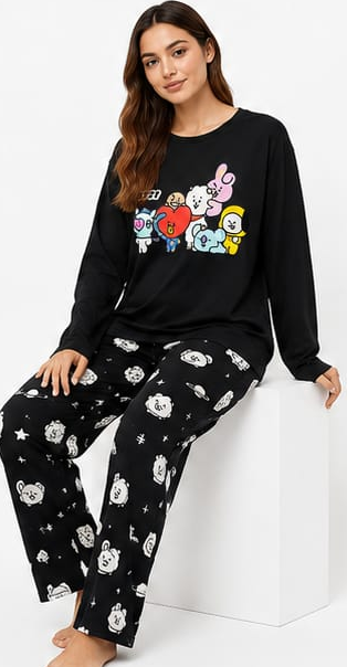 Max Black Cartoon Print Pajama Set — model front