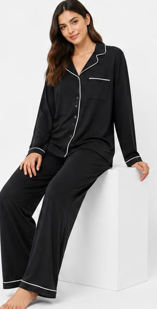 Max Black Piped Long-Sleeve Pajama Set — model front