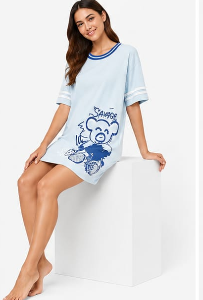 Max Blue Teddy Print Nightshirt — model front