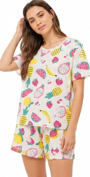 Max Fruit Print Shorts Pajama Set — model front