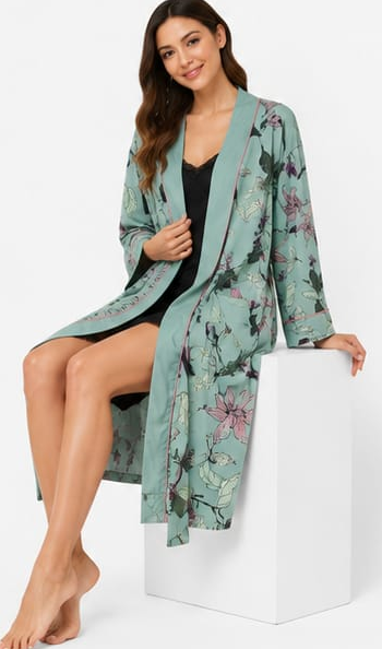 Max Mint Floral Satin Robe — model front