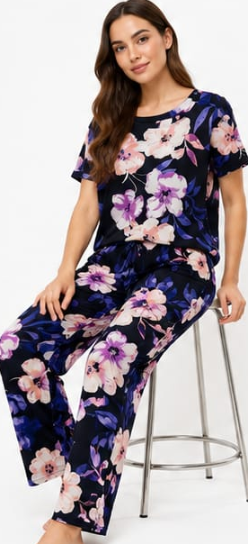 Max Navy Floral Pajama Set — model front
