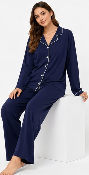 Max Navy Piped Long-Sleeve Pajama Set — model front