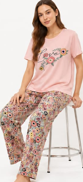 Max Pink Floral Capri Pajama Set — model front