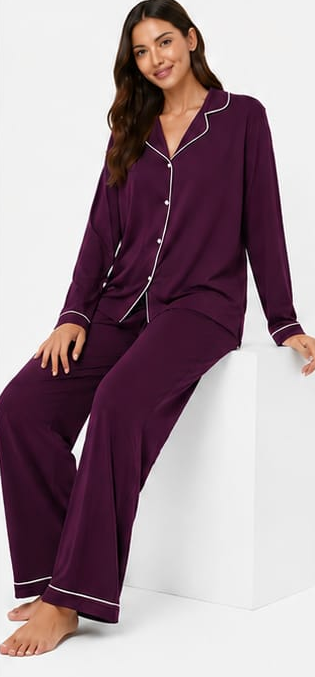 Max Plum Piped Long-Sleeve Pajama Set — model front